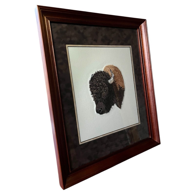 OOAK Bison Hand Stitched Picture Professionally Matted Framed 20 X 17 Buffalo gallery