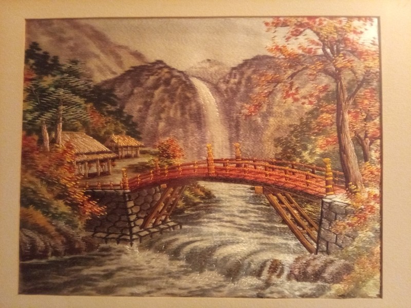Japanese Silk Embroidery Framed Art Set Bridge Pagoda Landscape Nature gallery
