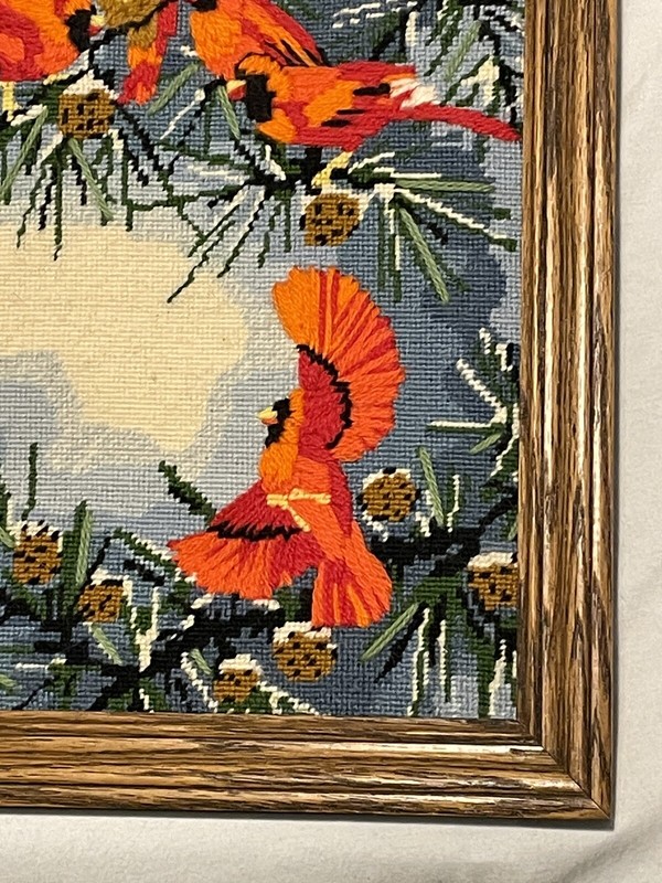 VINTAGE MID CENTURY RED CARDINALS ORIGINAL FRAMED KREWEL ART 16x16 Mint gallery