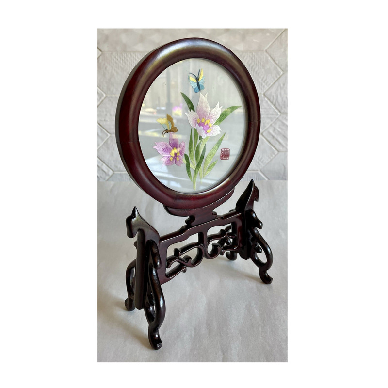 VTG Wood Framed Chinese Double Sided Florap Silk Emroidery Table Screen