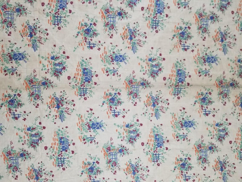 Antique European Printed Cottage Garden Scene Textile 73x47inch gallery