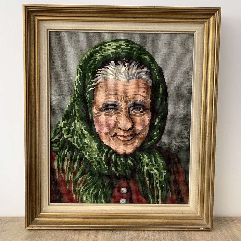 Vintage Female Portrait Needlepoint Tapestry Large Wall Art Framed German gallery