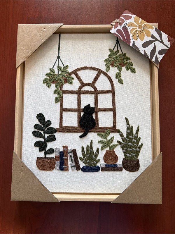 New BP Home Woven Embroidered Textile Wall Art Black Cat & Window 12”x15”