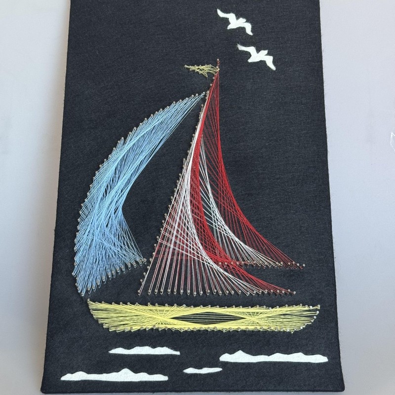 Vintage String Art Sailboat Nautical Wall Hanging Black Board Mid Century Decor gallery
