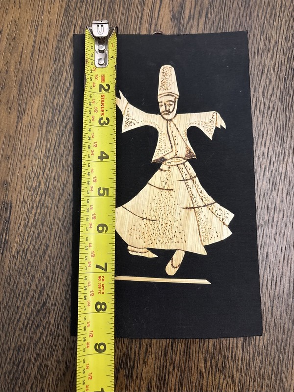 Vintage Bamboo Straw Marquetry Asian Dancer Art on Black Fabric~5.25”x8.75” gallery