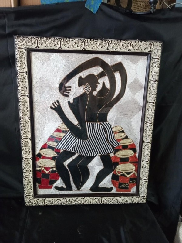 FRAMED SILK THREAD AFRICAN ART 22″ X 28″ Mother Land Arts Joe DA DA Aonegayi
