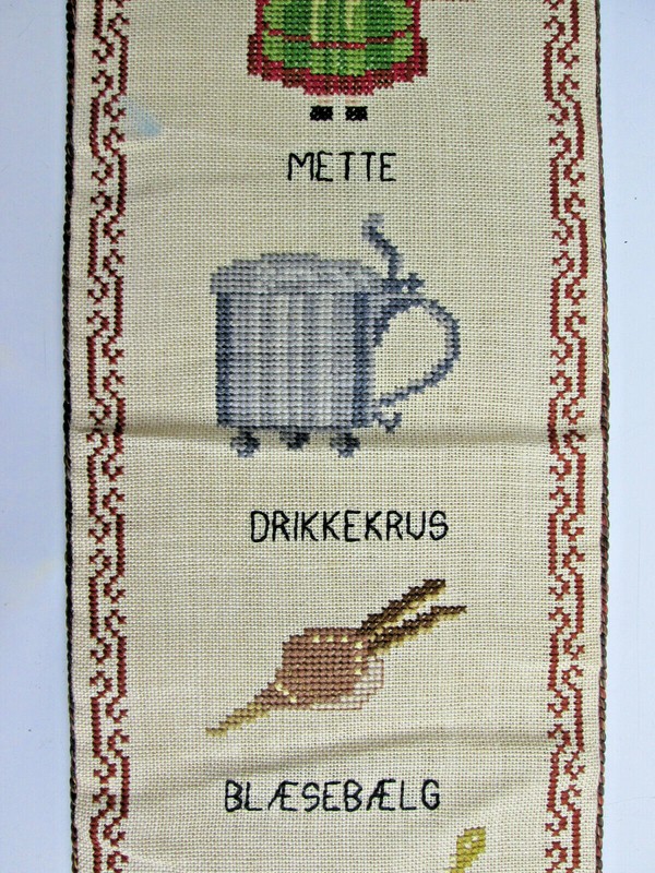 Vintage 1966 Danish Cross Stitch with Brass Ends Folkart Wall Hanging 45½ x 5¾ gallery