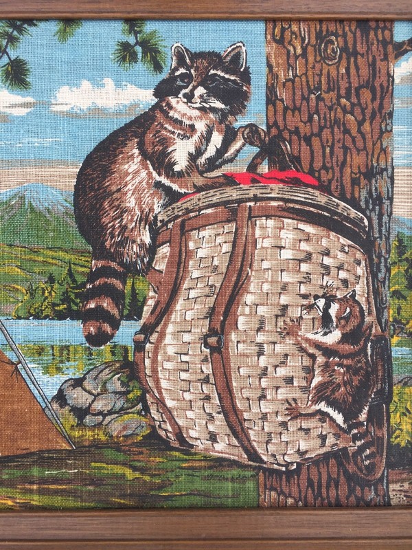 Vintage KAY DEE 100 % Linen Framed Art RACCOON Fishing Basket Tent Camp 16/16 gallery