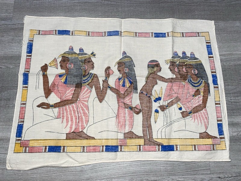 Vintage Egyptian Revival Textile Wall Hanging Linen Tapestry Lot of 2 gallery