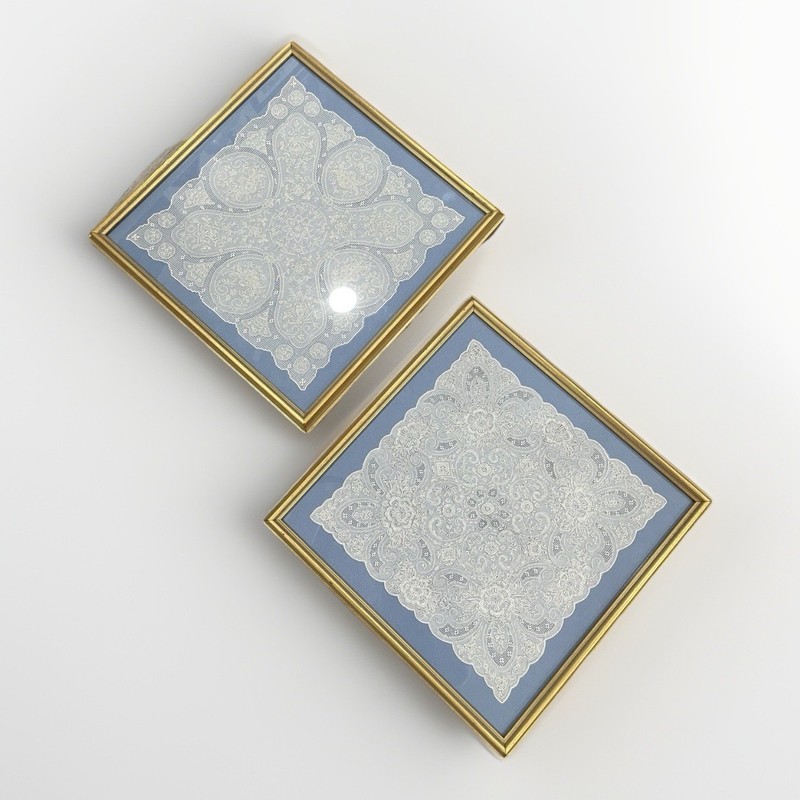 Vintage Framed Lace Wall Art Pair 14×14 Gold Frames Swiss Embroidery St Moritz