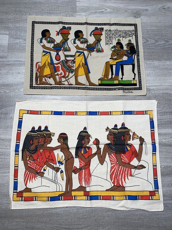 Vintage Egyptian Revival Textile Wall Hanging Linen Tapestry Lot of 2