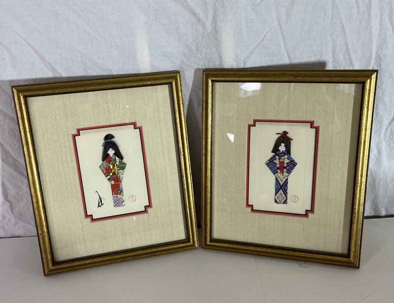 Pair of Vintage Silk Folded Geisha Paper Doll 2D Framed Wall Art Double Matted