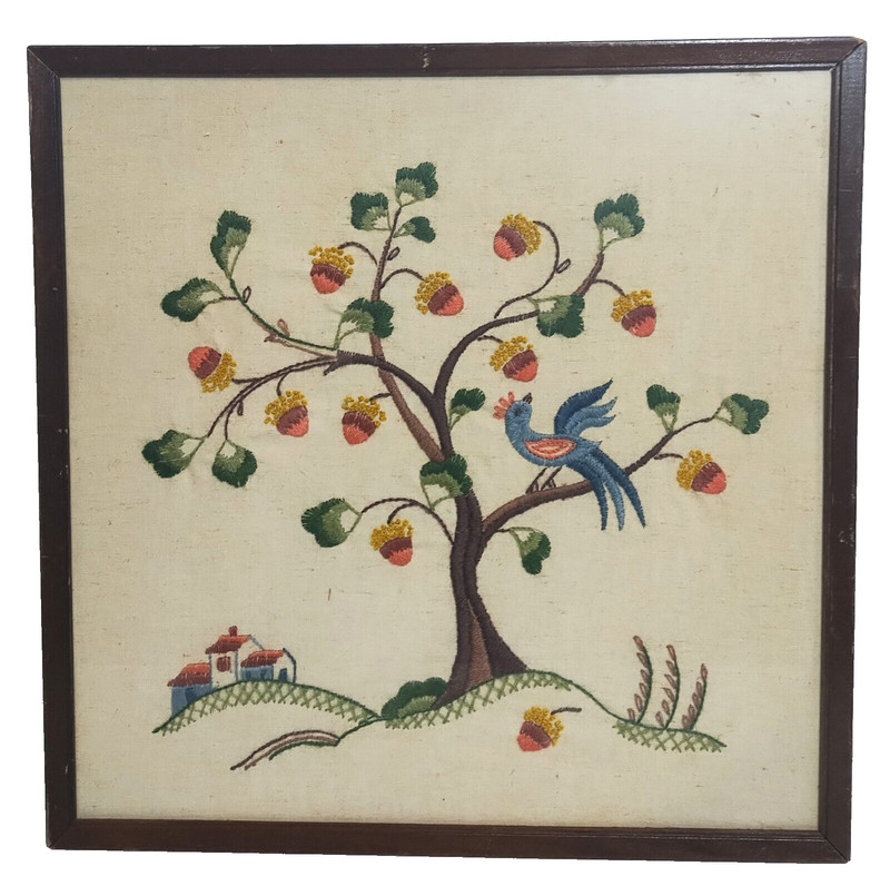 Vtg Framed Needlepoint Embroidery Tree Mockingbird Design Fabric Wall Art 17X17