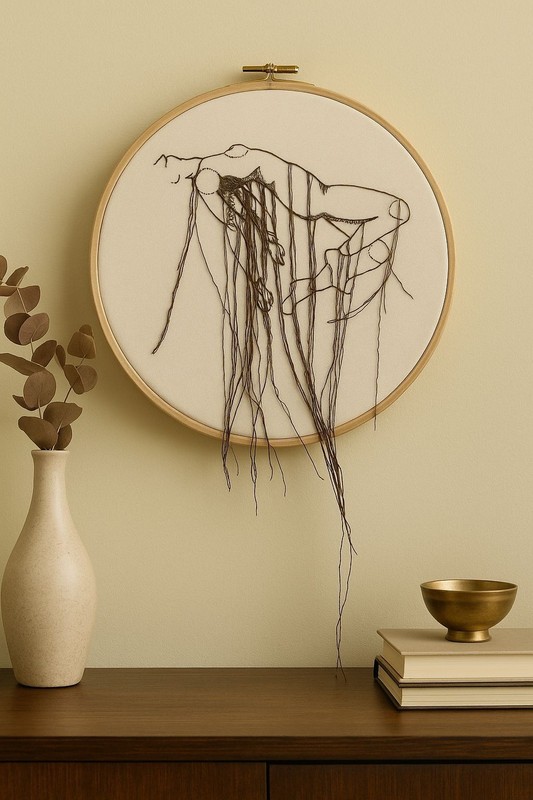 Handmade Embroidery Wall Art – Limited Edition Textile Nude Woman, Minimalist Th