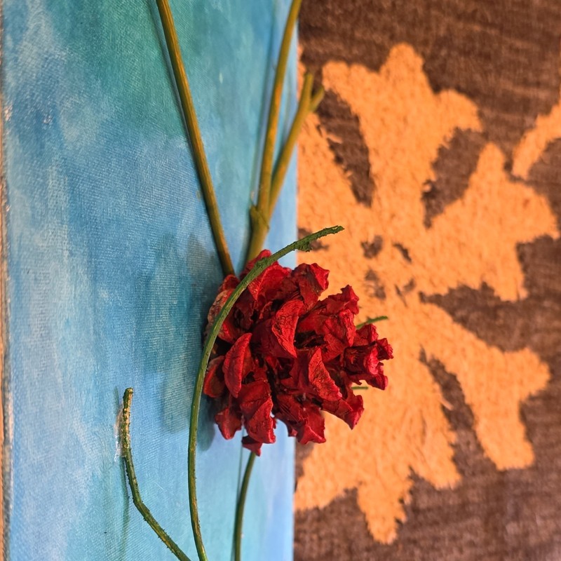 skullact Signed Red Flower Mixed Media Textile Art on Canvas, Original Handmade gallery