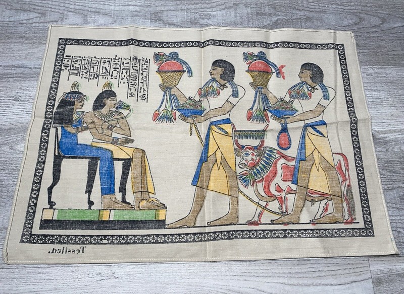Vintage Egyptian Revival Textile Wall Hanging Linen Tapestry Lot of 2 gallery