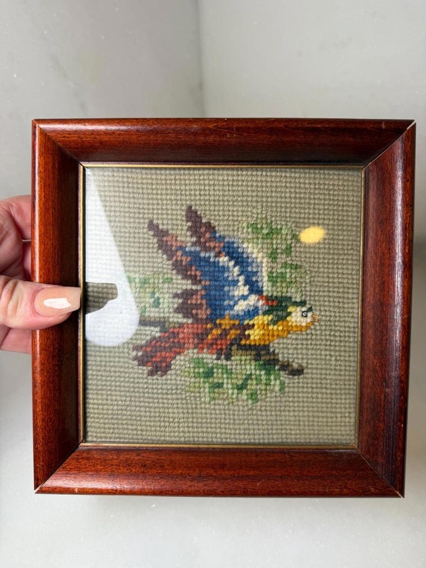 Vintage needlepoint cross stitch bird embroidery framed under glass gallery
