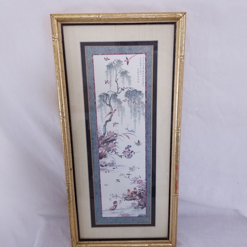 Vintage Asian Silk Print Birds Trees Chicks Rectangular Professionally Framed