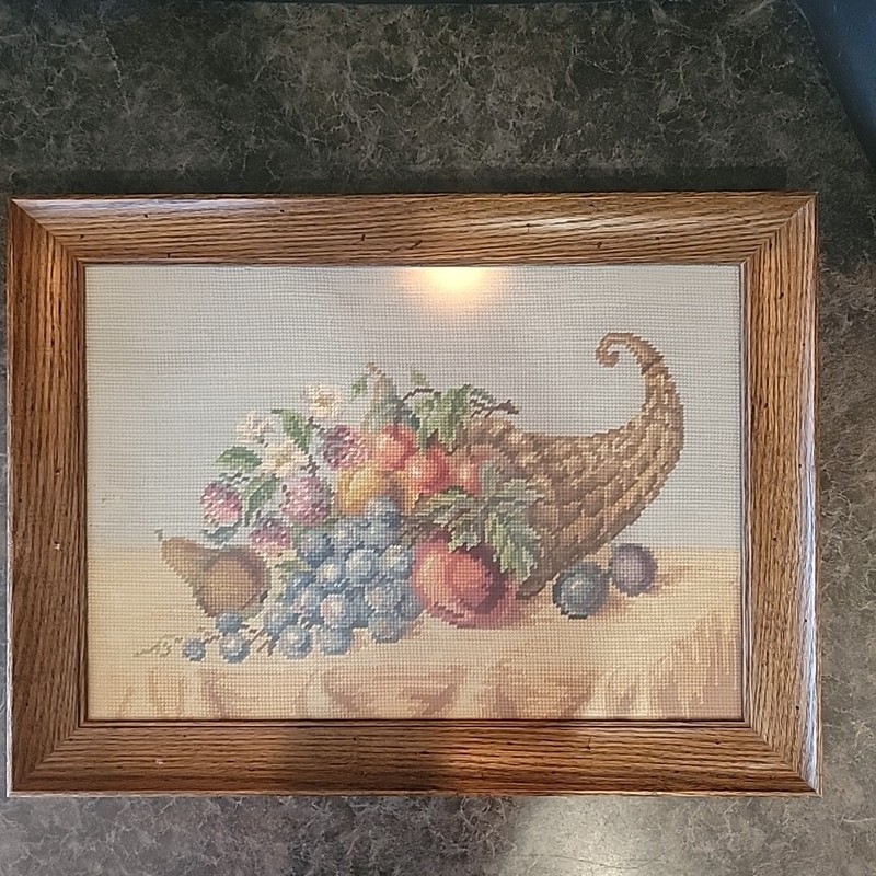Antique dark wood frame Needle point cornecopia handmade Kitschy Eclectic 18×12″