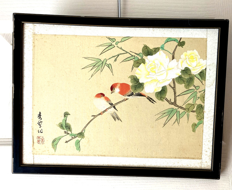 Vintage 12″x9″ Japanese Art Orange Robins Birds on Branch Painted Silk Framed