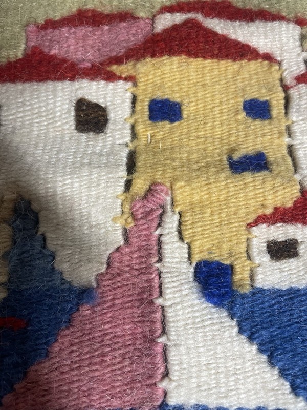 RARE Vtg Small Greek Santorini? Wool Hand Woven Wall Art Mediterranean Village gallery
