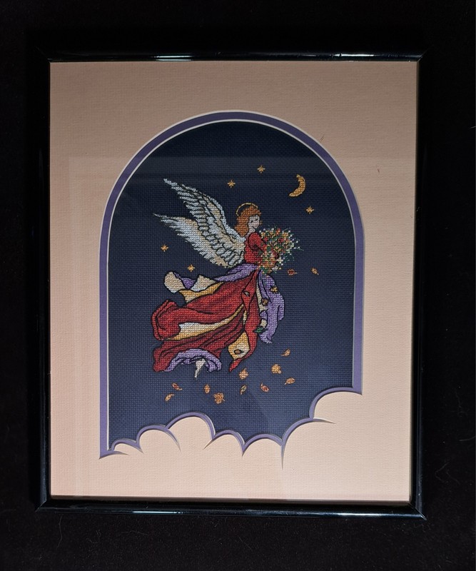 Vtg Rare 1996 Dimensions ‘Autumn Angel’ Cross Stitch Wood Frame 10.5″ X 12.5″