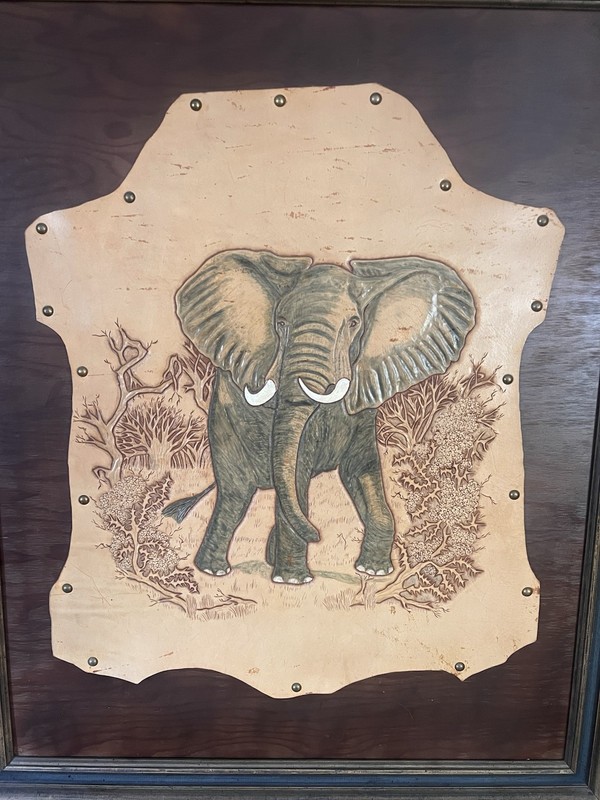 Vintage Framed Elephant Hand Tooled, Tinted on Leather gallery