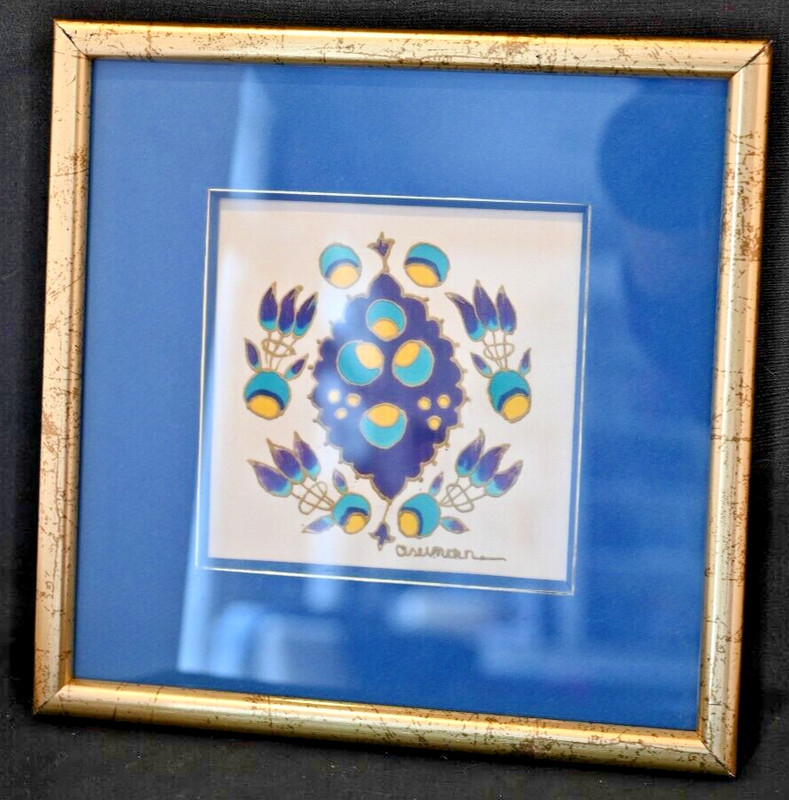 Traditional Turkish Art Painted on Silk Fabric Blue and Gold Framed 10" x 10" gallery