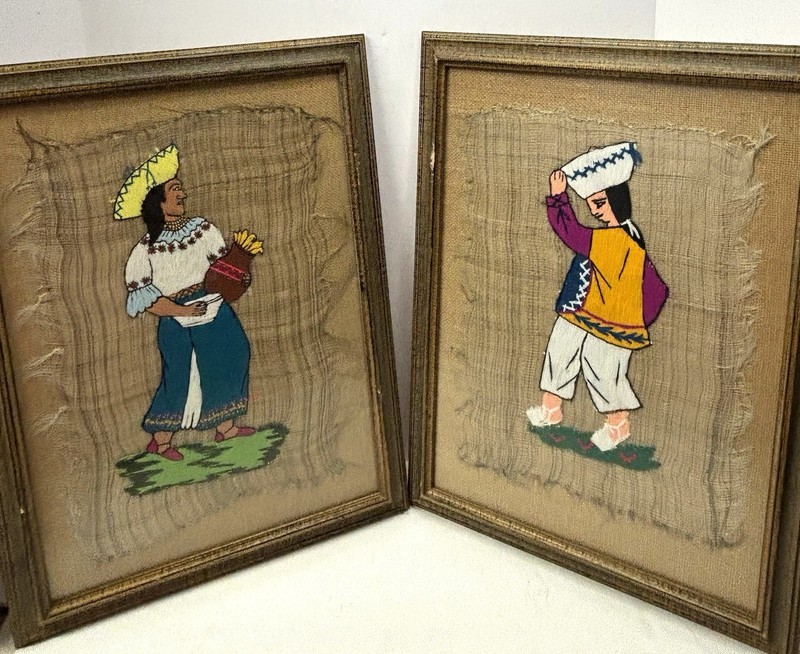 Vintage 1979 Ecuador Hand Woven Horsehair Backing Crewel Embroidery Wall Art x2