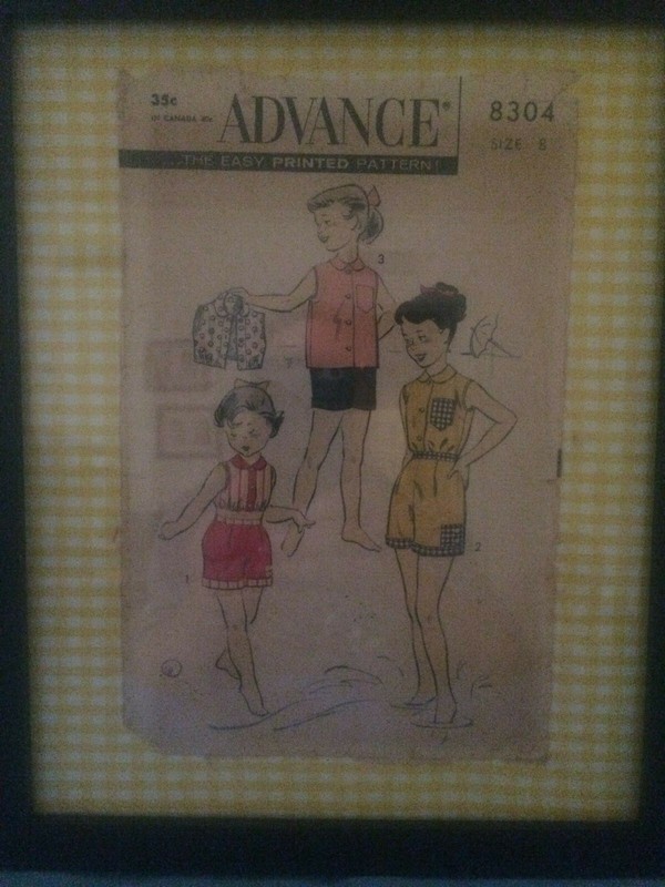 One of a kind 8X10 framed Vintage Girls Short Pattern for your Sewing Room Decor