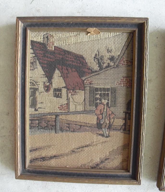 Early 1900s La France Art Company Needlepoint Textile Colonial Man and Houses