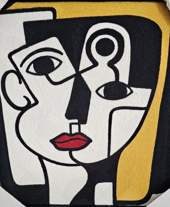Embroidered Textile Abstract Face Cubist Crewel Work Framed 17×17 **READ NFO