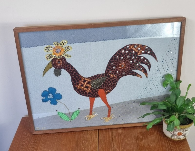 Vintage Framed Textile Tapestry Bird Framed Signed 1971 62cm X 46cm Mcm Retro