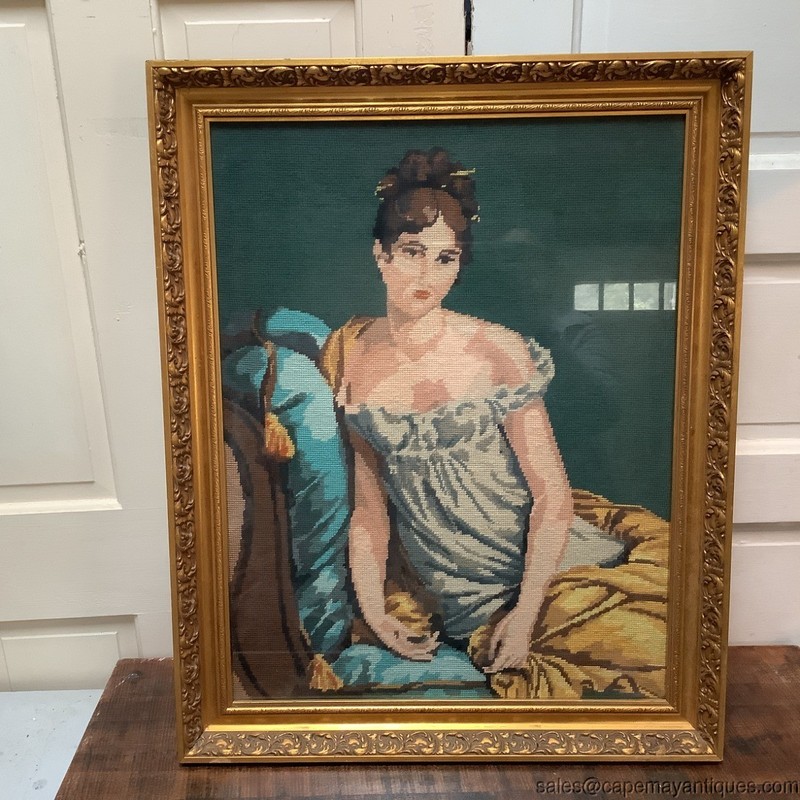 French Needlepoint Woman Portrait Juliette Recamier Romantic Pose Gold Frame