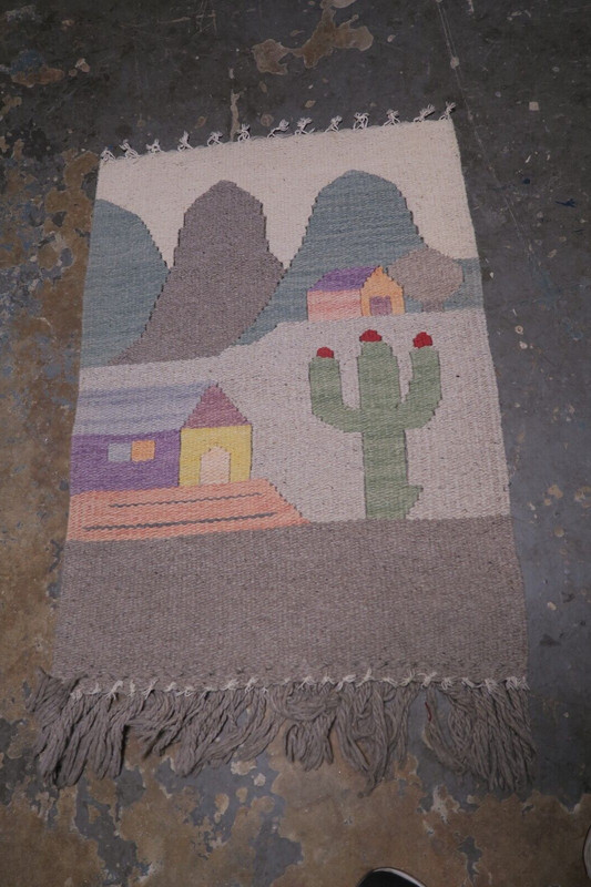Vintage 1970s Hand Woven Wool Textile Art Wall Hanging Arizona Landscape 30"x40"