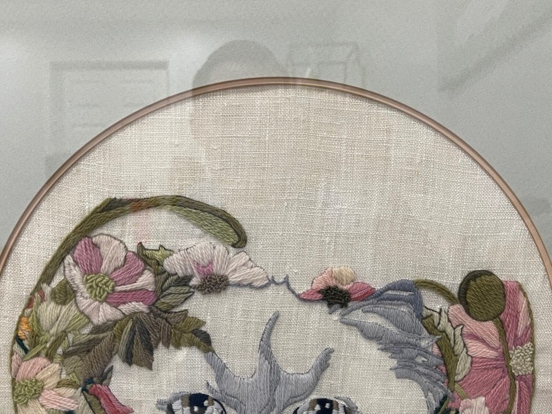 1981 Signed JoAnn Jo Ann Carpenter Framed Embroidery Textile Art Cat in Flowers gallery