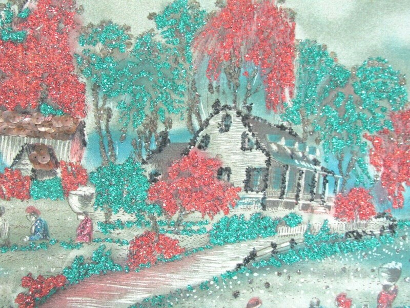 ART FABRIC OLD ANTIQUE EARLY 1900'S GLITTER ON FABRIC ON CARDBOARD gallery