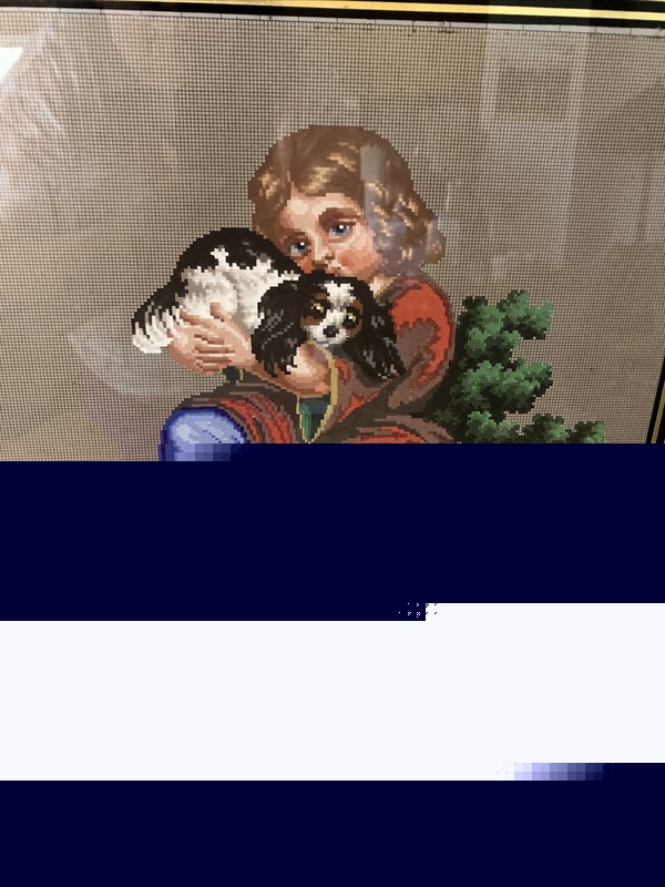 Rare Antique Needlepoint Woolwork hand painted charts framed Boy and Puppies gallery