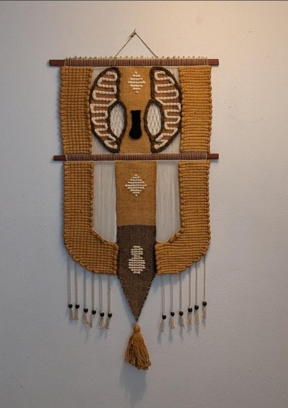 1970s Don Freedman MCM Boho Woven Fiber Art Textile Wall Hanging Owl Tapestry