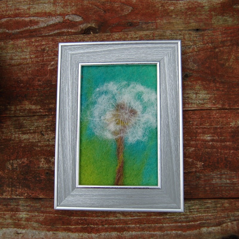 Dandelion seed head needle felted and hand embroidered framed picture