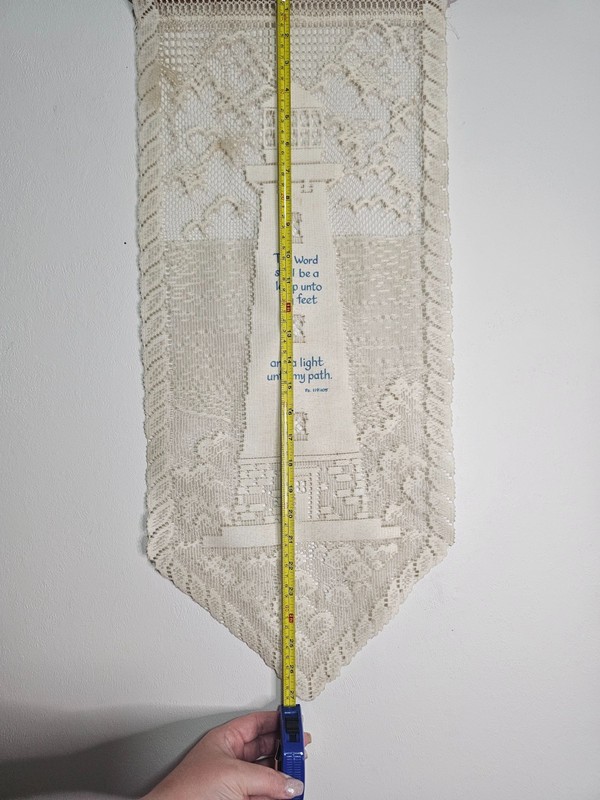 Vintage Filet White Crochet Panel Lighthouse Wall Hanging with PS 119:105 Verse gallery