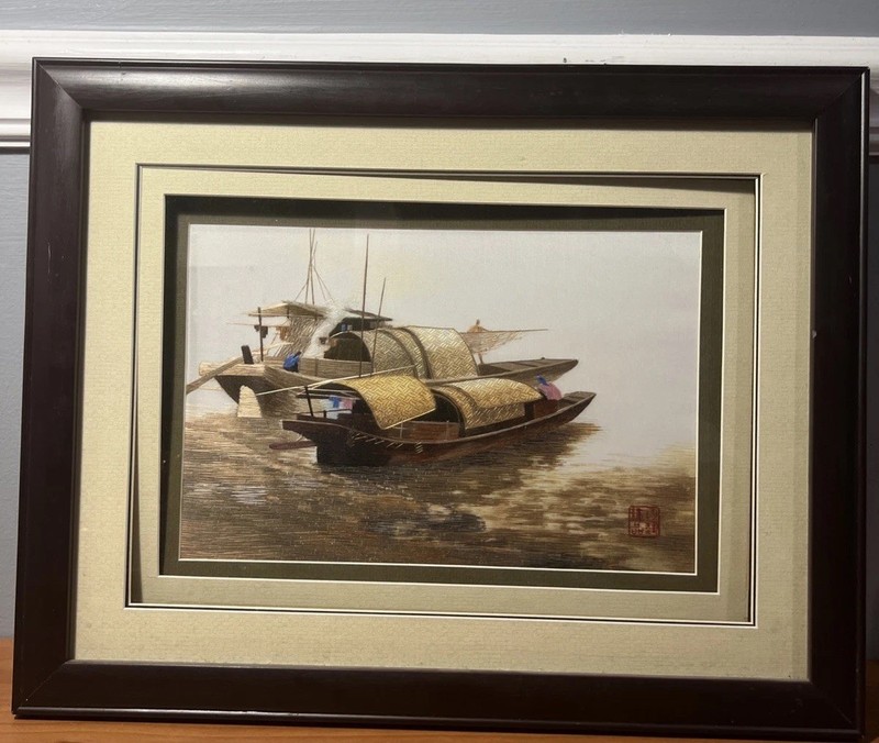 Exquisite Chinese Suzhou Hand-Embroidered Silk Canvas Asian Artwork Family Boat
