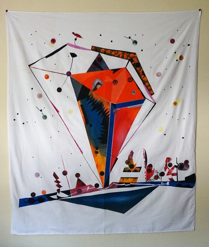 Hamid Zenati Hand Painted Modern Textile Art Algerian German Artist 53″ x 62″