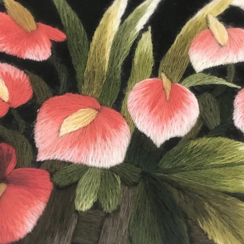 Silk Floral Wall Art Hand Made Embroidery Framed and Matted 20" X 16" gallery