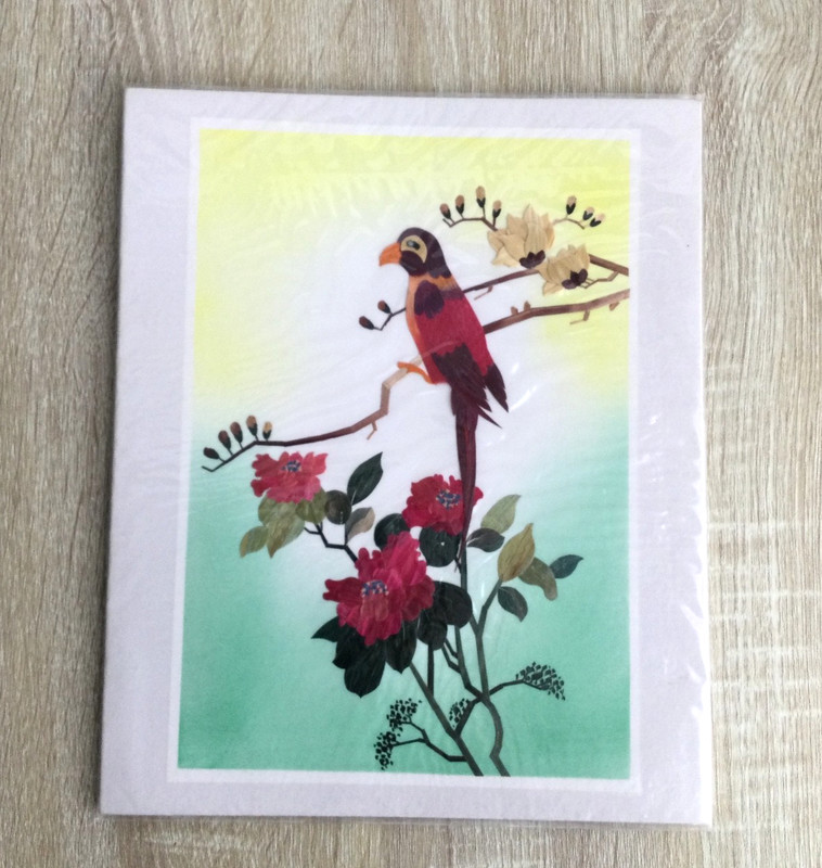 Vintage Hand Cut & Dyed Wheat Stalk on Silk Parrot Joyful Spirit Art Picture