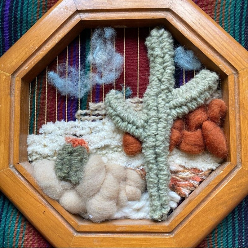 Vintage Artisan Made Mohair weaving Finer Art. Desert Cactus scene. Yarn Art. 3D gallery
