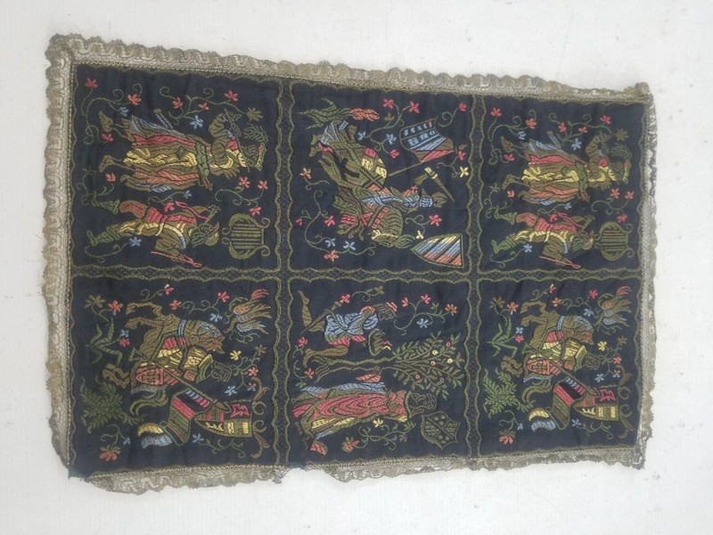 Antique Medieval Knights Woven Brocade Textile Panel 50x35cm
