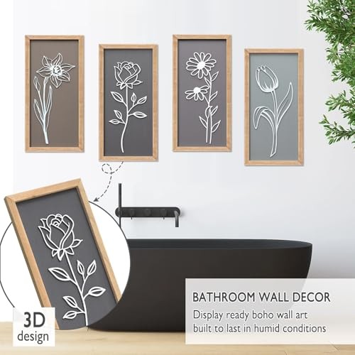 3D Wooden Floral Wall Decor of 4 Farmhouse Vintage Boho 7"X16" Set of 4 Framed gallery