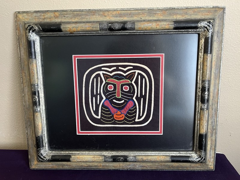 Framed Mola Cat Face Textile Art Folk Art Tapestry Vintage Indigenous Guna Kuna