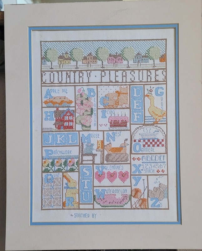 Vtg Cross Stitch Alphabet Country Pleasures Pastel Colors Matte No Frame17″x 20″